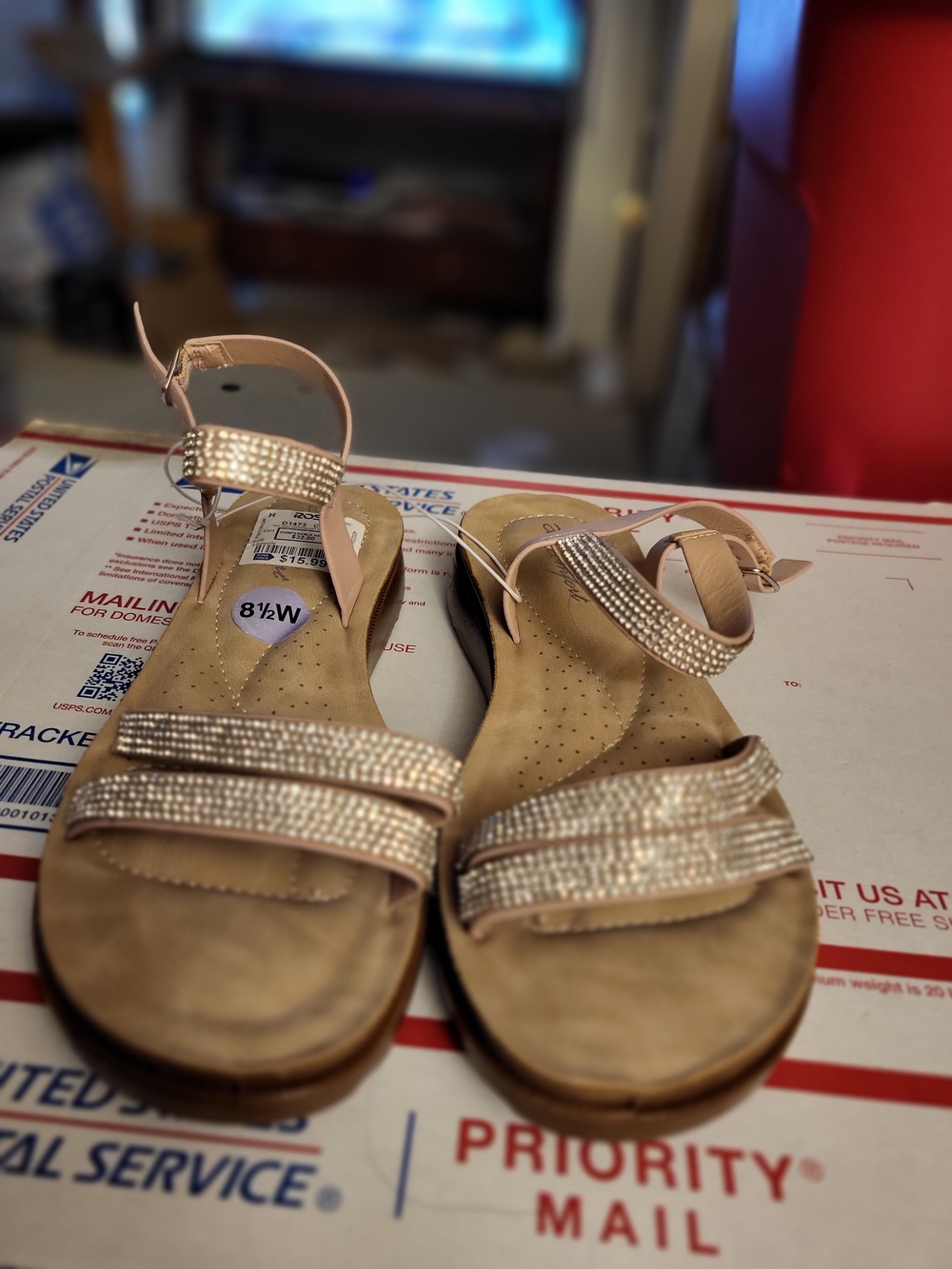 Women's Annie Nude Pink Rhinestone Ankle-Strap Wide Sandals